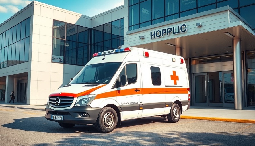 Modern ambulance in hospital emergency area under clear sky.