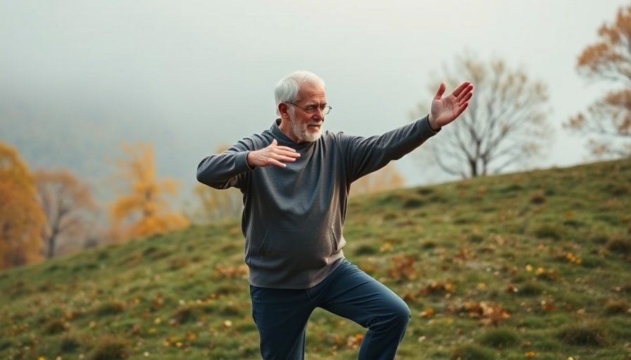 Elderly man performing balance exercises outdoors in autumn scenery.