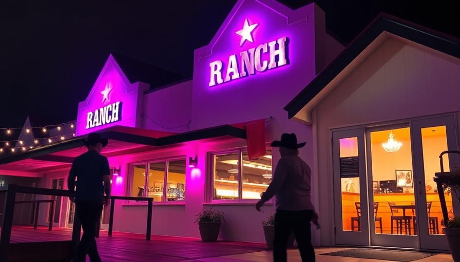 Houston fine dining at modern ranch with vibrant lighting at night.