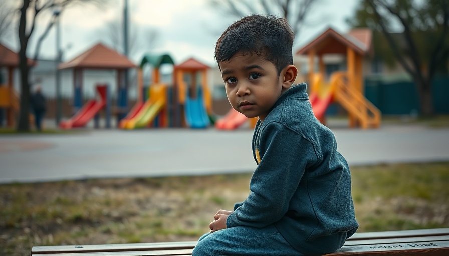 Somber immigrant child facing bullying in Texas playground.