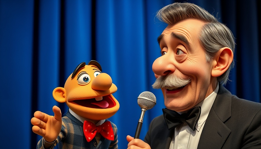Ventriloquist and puppet on stage expressing humor in the era of Trump.