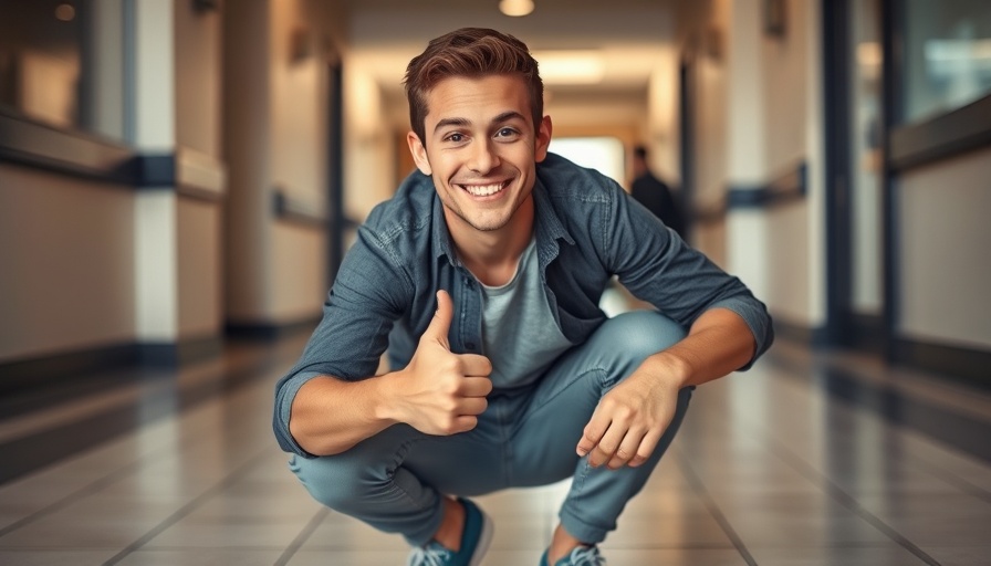 Young man smiling and giving thumbs-up in casual attire indoors.