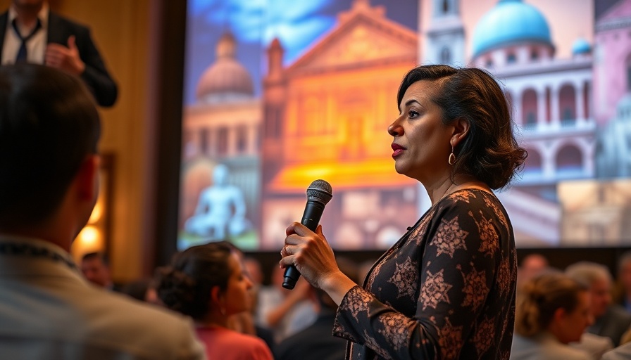 Woman presenting at San Antonio cultural event with vibrant visuals.