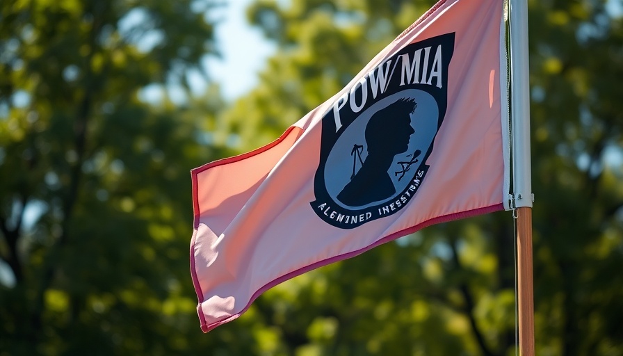POW/MIA flag waving outdoors with green trees in the background.