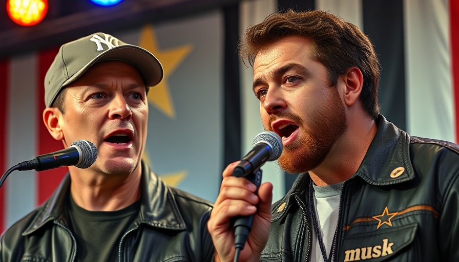 Two men speaking on stage, one wearing a cap, photorealistic, contrasting backgrounds.