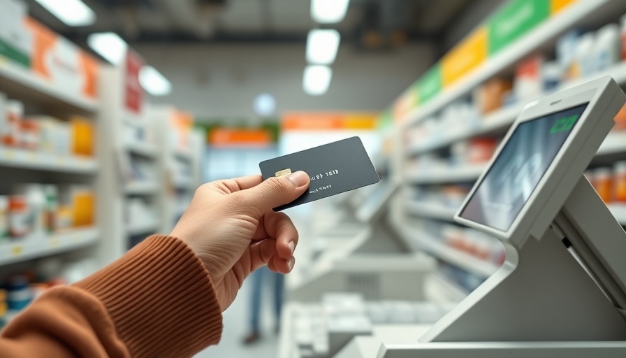 Customer purchasing medicine at pharmacy checkout.