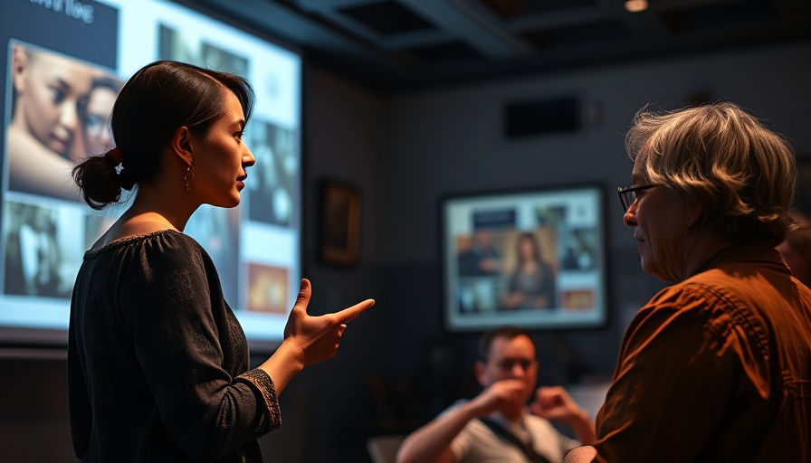 Woman presenting at San Antonio cultural event with art slides.