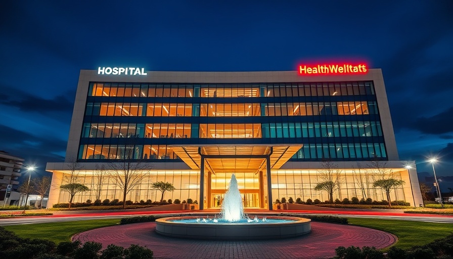 Modern hospital building at night symbolizing health and wellness.