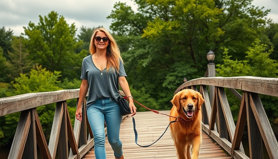 Woman walking dog on bridge in a park, why dogs love walks