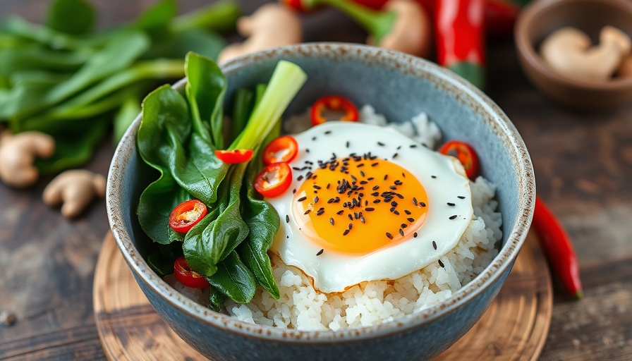 Healthy eating meal with egg, bok choy, rice.