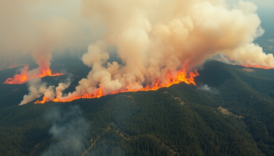 San Jacinto County wildfire aerial view, intense flames and smoke.