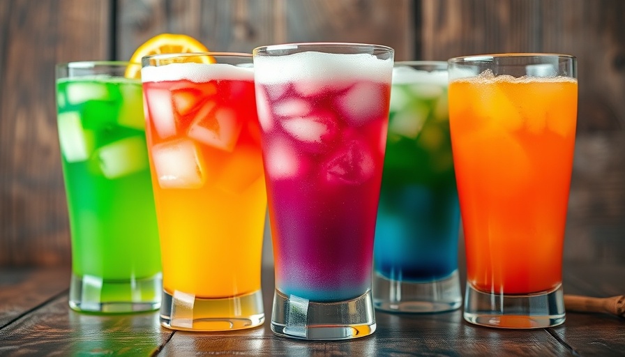 Colorful sugar-sweetened beverages on wooden table