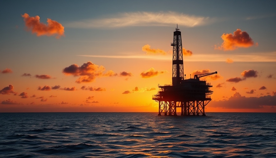Silhouetted offshore oil rig at sunset on calm ocean.