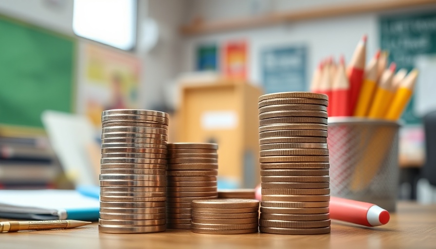 Conceptual image of Texas education funding reform with coins and school items.