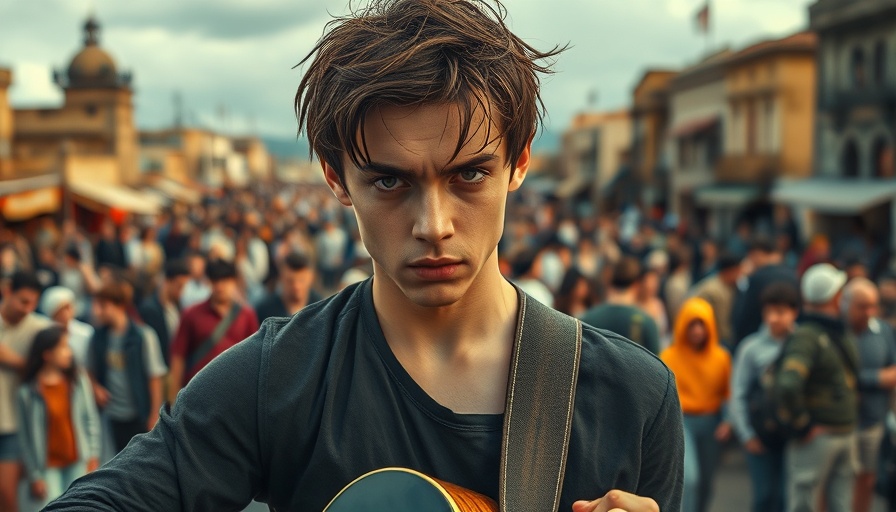 Young musician in post-apocalyptic musical scene