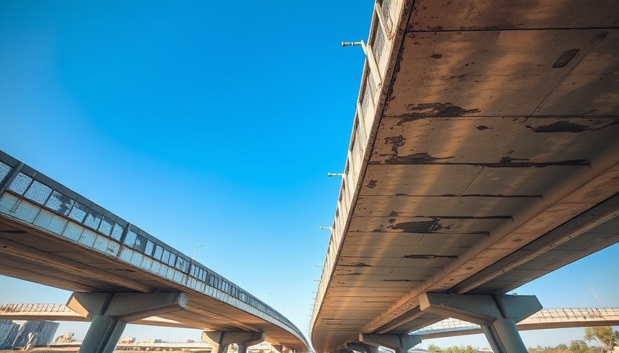 Aging highway overpass in Houston under clear sky.