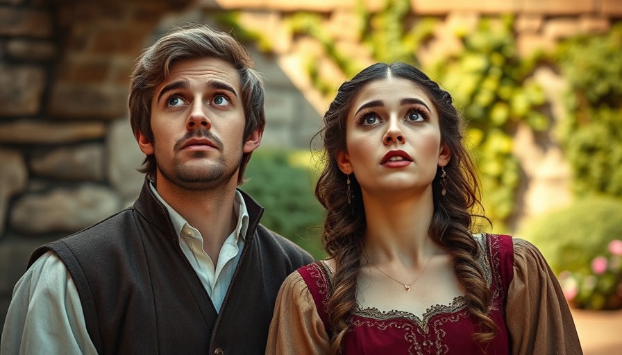 Actors in medieval attire gaze upward with surprise, live action Snow White remake.