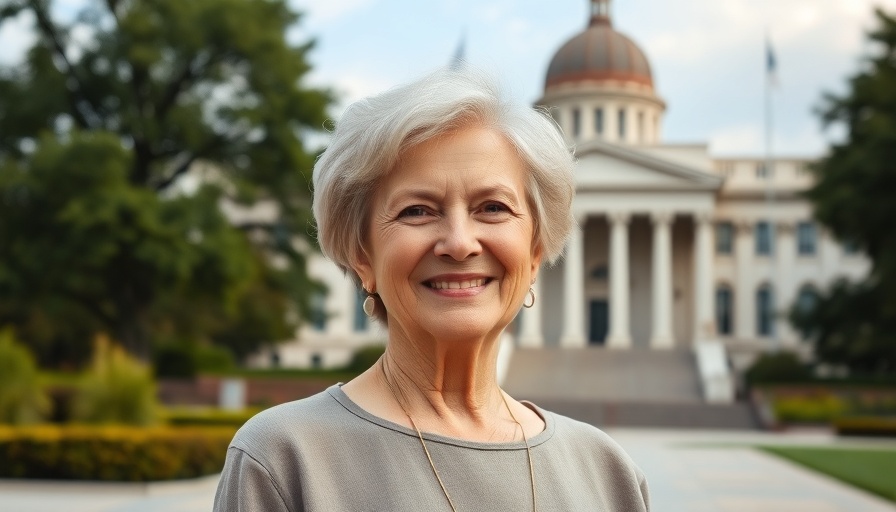 Elderly woman smiling in formal attire, governmental background.