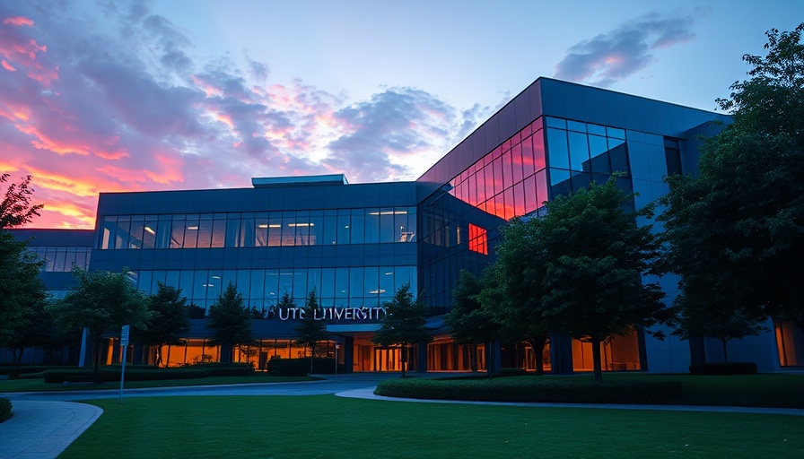 Modern university building at sunset with reflective glass.