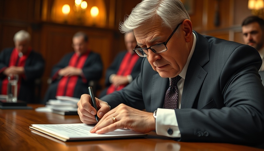 Focused male signing documents, judges in background, photorealistic.