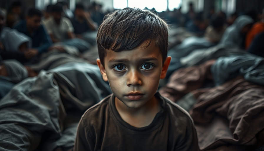 Somber young boy amidst grief in crowded room.