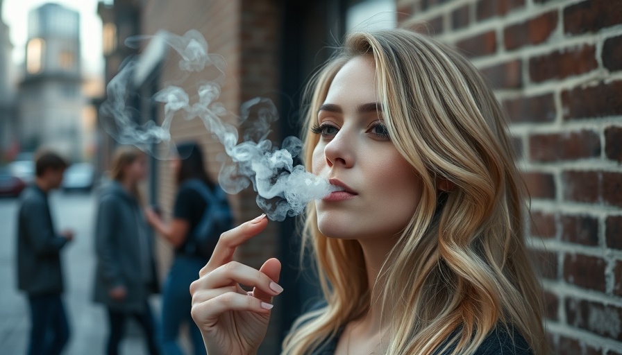 Young woman vaping among friends, urban setting.