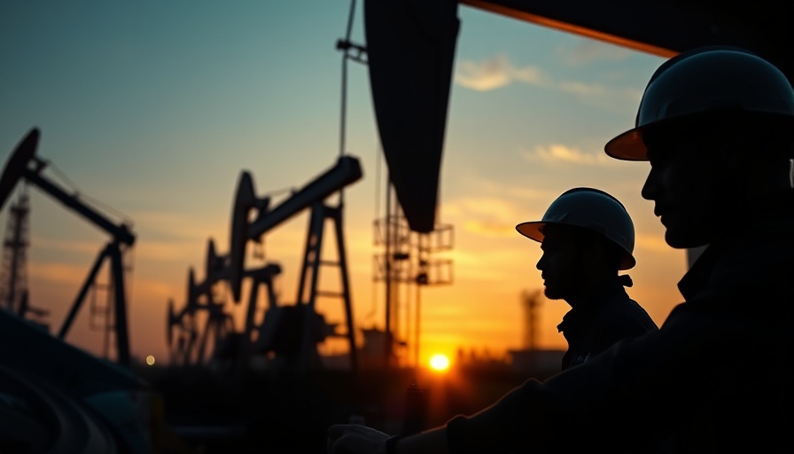 Houston business workers operating oil machinery at sunset.