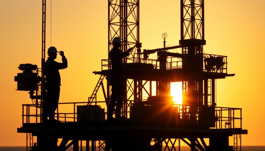 Silhouetted oil rig workers at sunset in Houston business scene