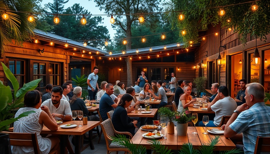 Lively outdoor Houston patio dining scene in warm evening light.