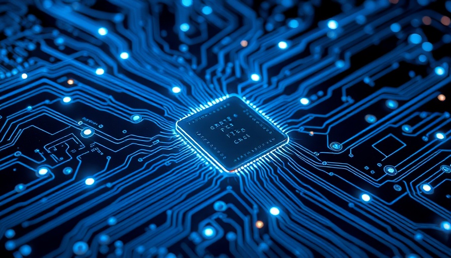 Futuristic circuit board with glowing memristors in dark atmosphere.