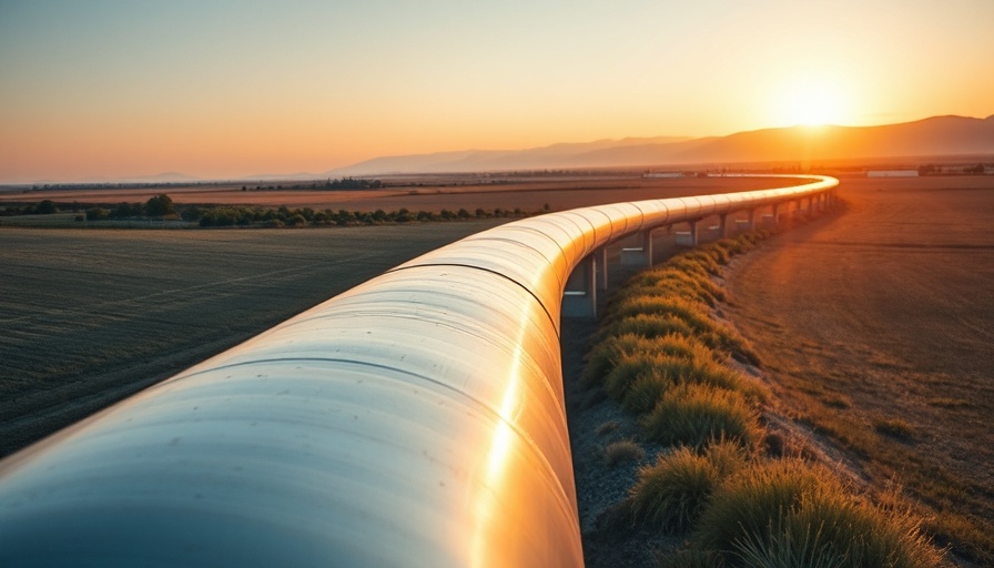 Natural gas pipeline winding through a rural landscape at sunset.