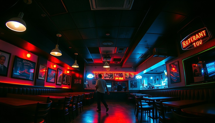 Empty restaurant with person on floor in dim lighting, indicating crime scene.