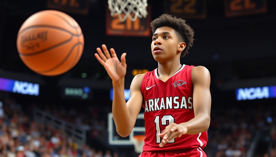 March Madness Arkansas player catching basketball in arena.