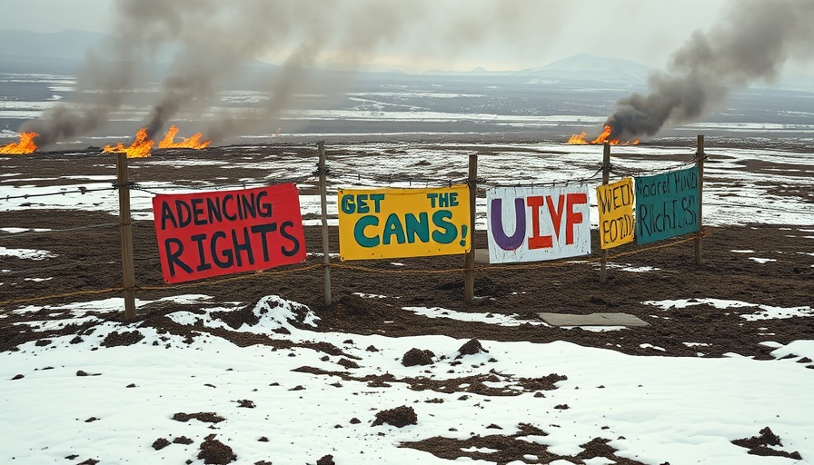 Protest signs behind barbed wire in snowy landscape, Greenpeace pipeline protests lawsuit.