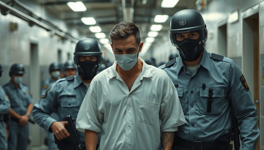 Masked officers escorting prisoner in tense national news event scene.