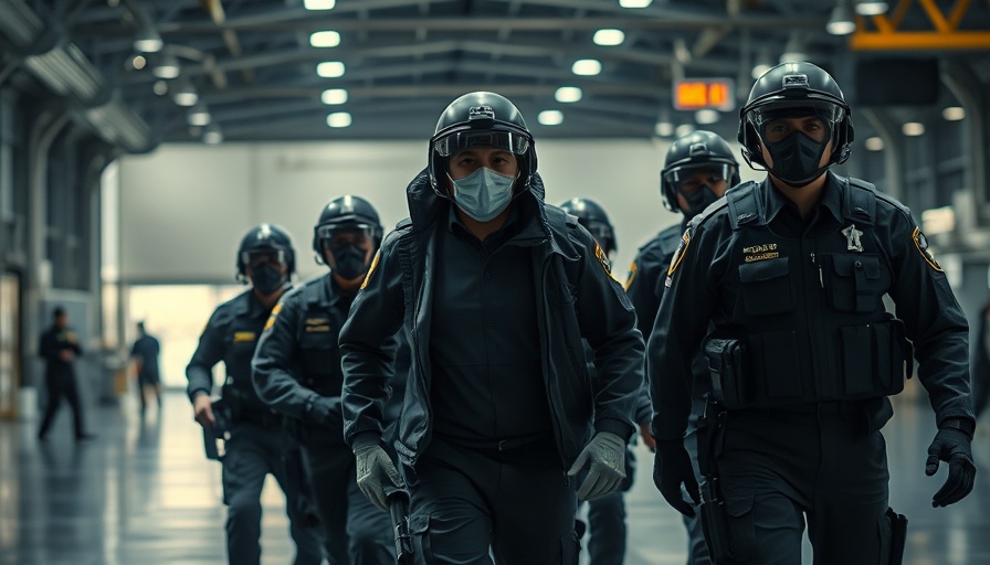 Officers escorting detainee during deportation flight security check.
