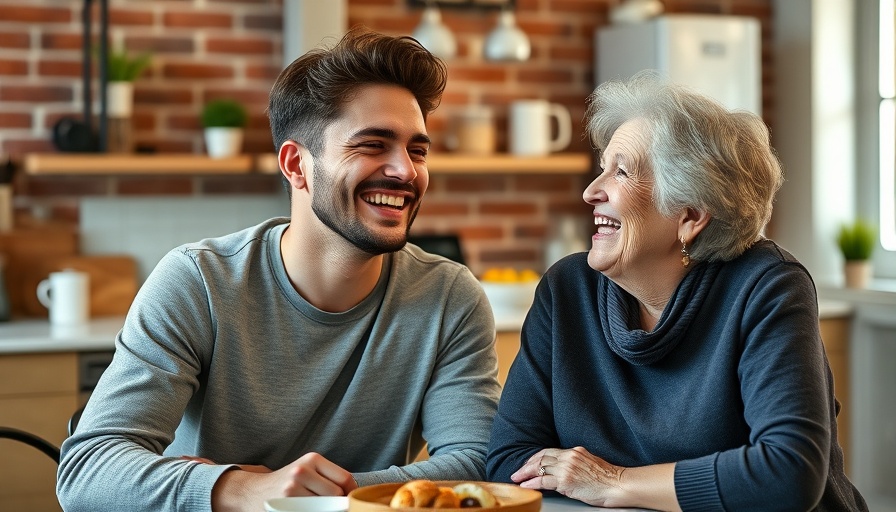Young caregiver interacting with elderly woman, sharing laughter.