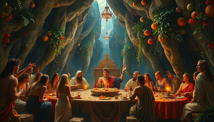 Mythological feast scene in a cave, vibrant Renaissance style.