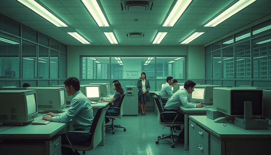 Retro office scene depicting workers, vintage tech in a minimalist setting.