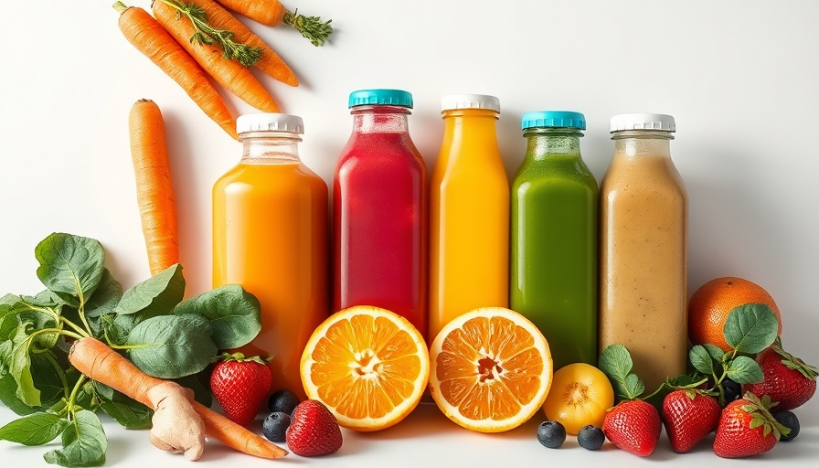 Colorful juice bottles with fresh fruits and vegetables.