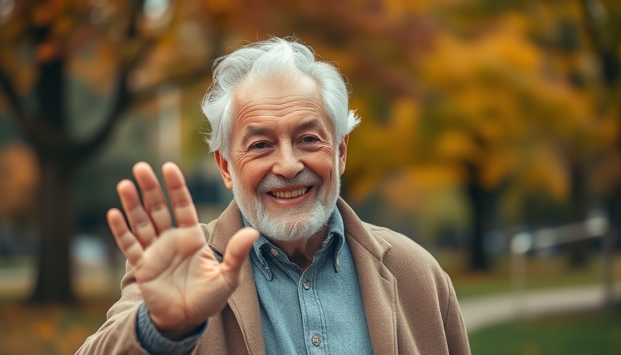 Elderly man waving in an autumn park, Trump NCAA Wrestling Championships