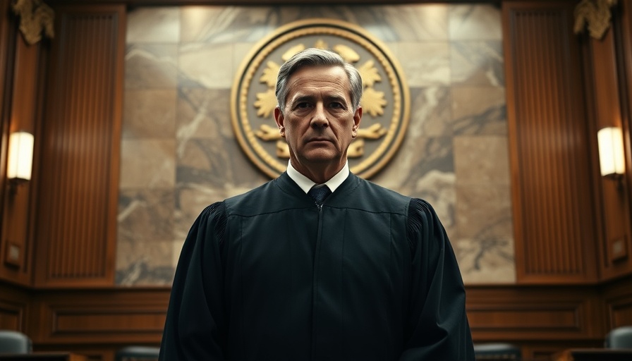 Solemn judge in courtroom reflecting national news headlines.