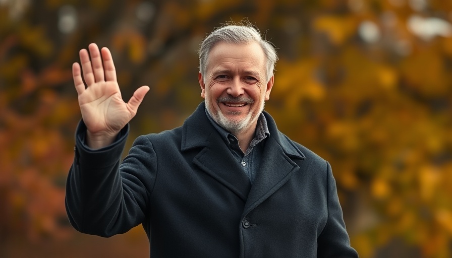 Man waving outdoors, wearing a dark coat, blurry trees in background.