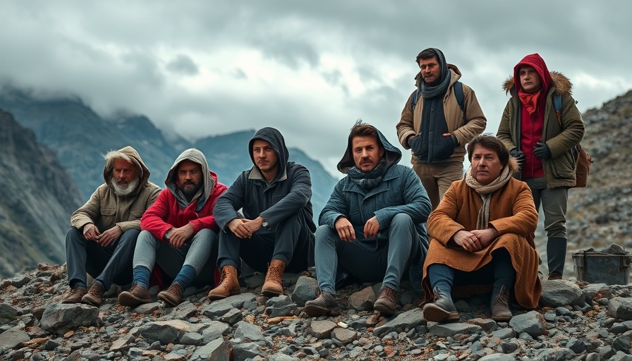 Migrants seated on rocky terrain with inset of serious man in blue suit.