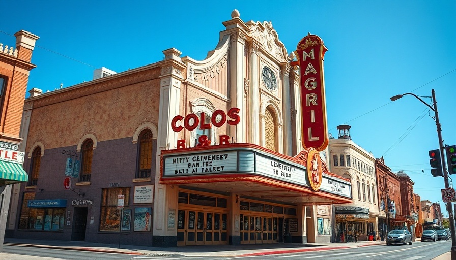 Historic San Antonio theater facade, bright sky.