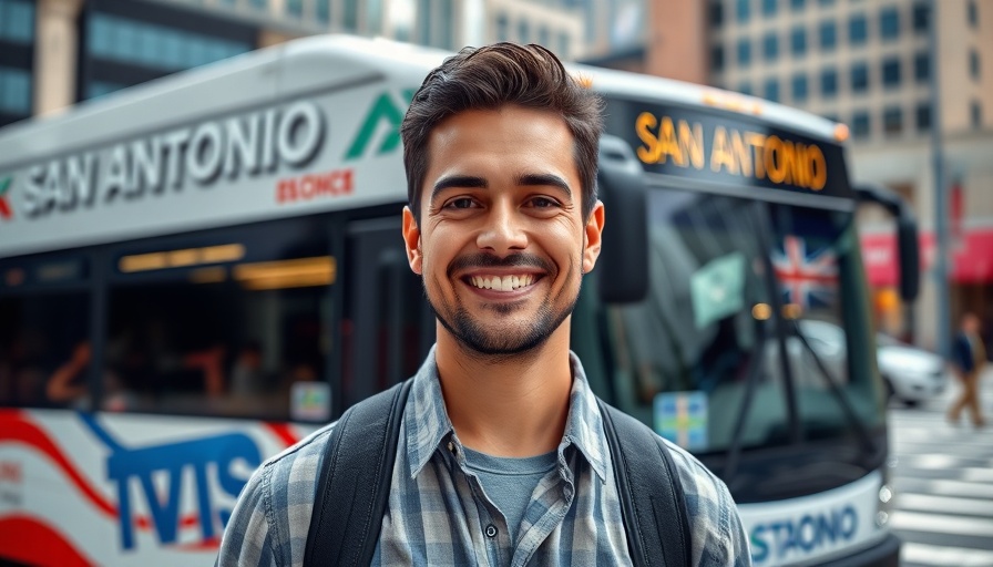 San Antonio transportation future with modern bus and happy commuter.