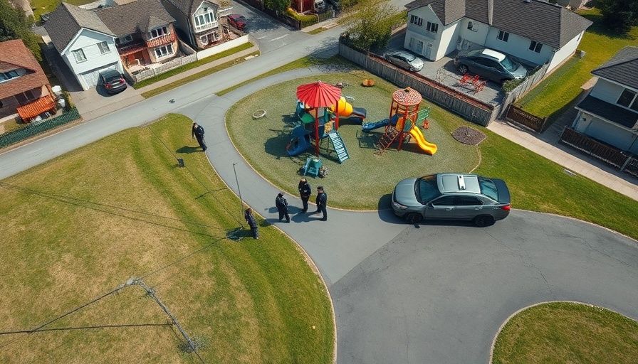 Aerial view of Baytown shooting scene with police and playground.