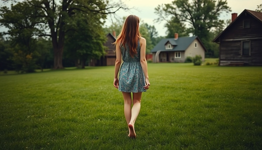 Young woman reflecting in backyard of childhood home, nostalgic setting