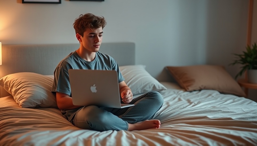 Young adult in telehealth session with laptop on bed.