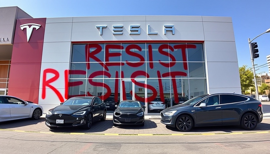Tesla showroom vandalism with graffiti and damaged cars, urban daylight scene.